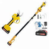 Virdena cordless 2-in-1 electric pruning shears and pole pruner with 14ft reach, brushless motor, and dual batteries.