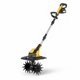 Virdena cordless battery-powered garden tiller with 48 steel tines, 9-inch width, 6.7-inch depth, and dual 21V 3.0Ah batteries.