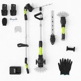 Virdena cordless 3-in-1 pole hedge trimmer with 13ft reach, dual batteries, lightweight design for seniors, shown in use.