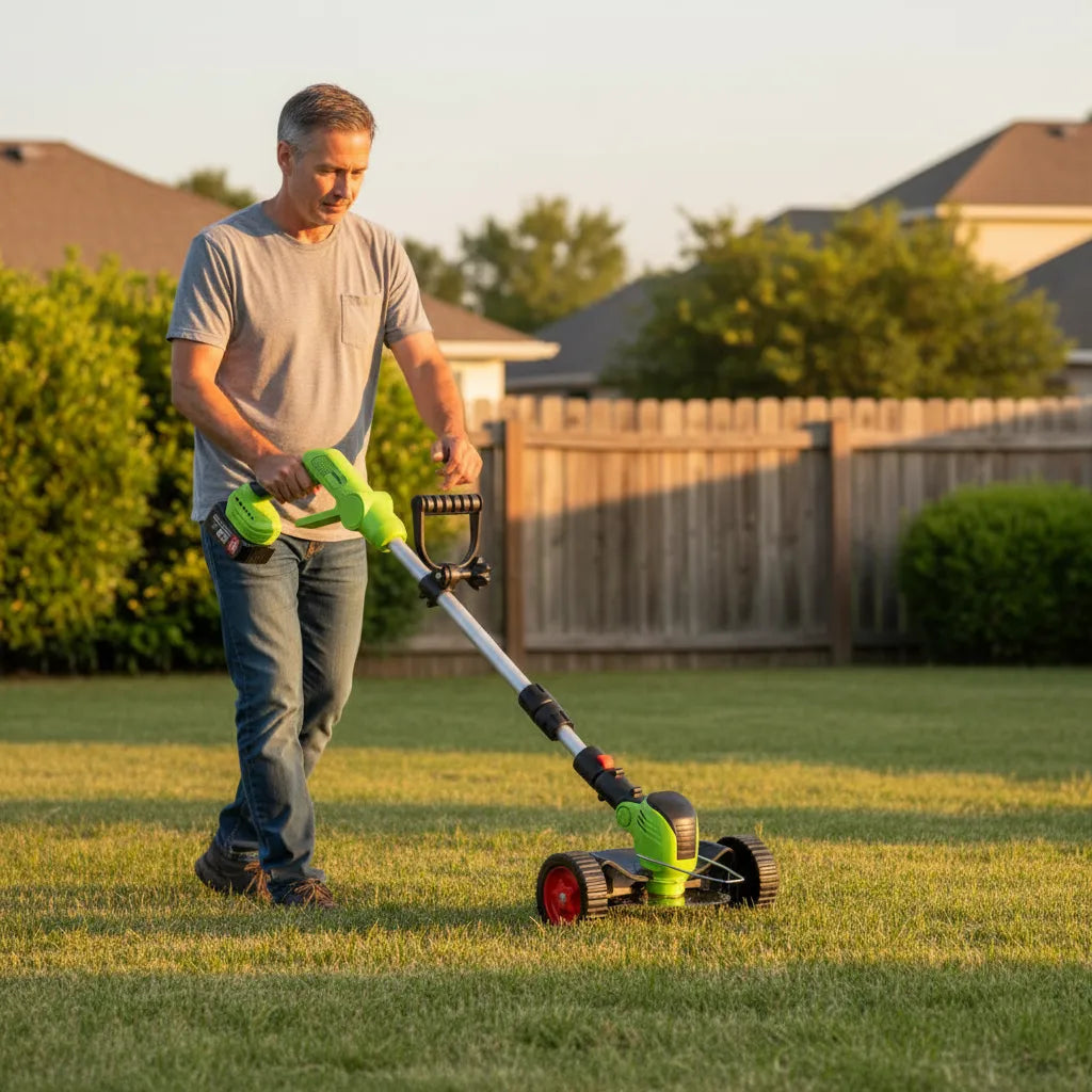 Virdena cordless 3-in-1 weed wacker, grass trimmer, and lawn edger with adjustable handle and lightweight design.