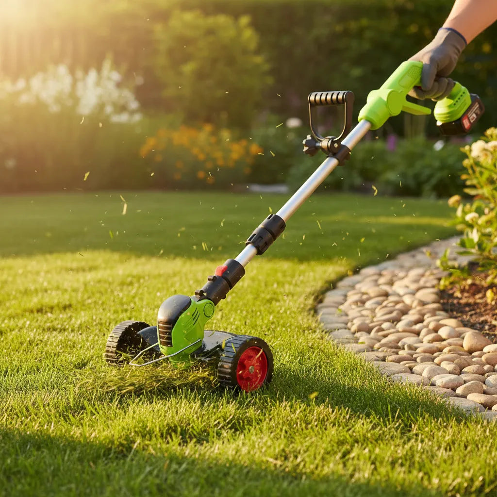 Virdena cordless 3-in-1 grass trimmer, brush cutter, and lawn edger showing a lightweight, versatile power tool in use.