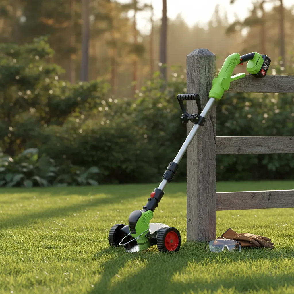 Virdena cordless 3-in-1 grass trimmer, brush cutter, and lawn edger showing adjustable shaft and trimming head.