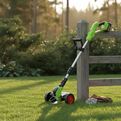 Virdena cordless 3-in-1 grass trimmer, brush cutter, and lawn edger showing adjustable shaft and trimming head.