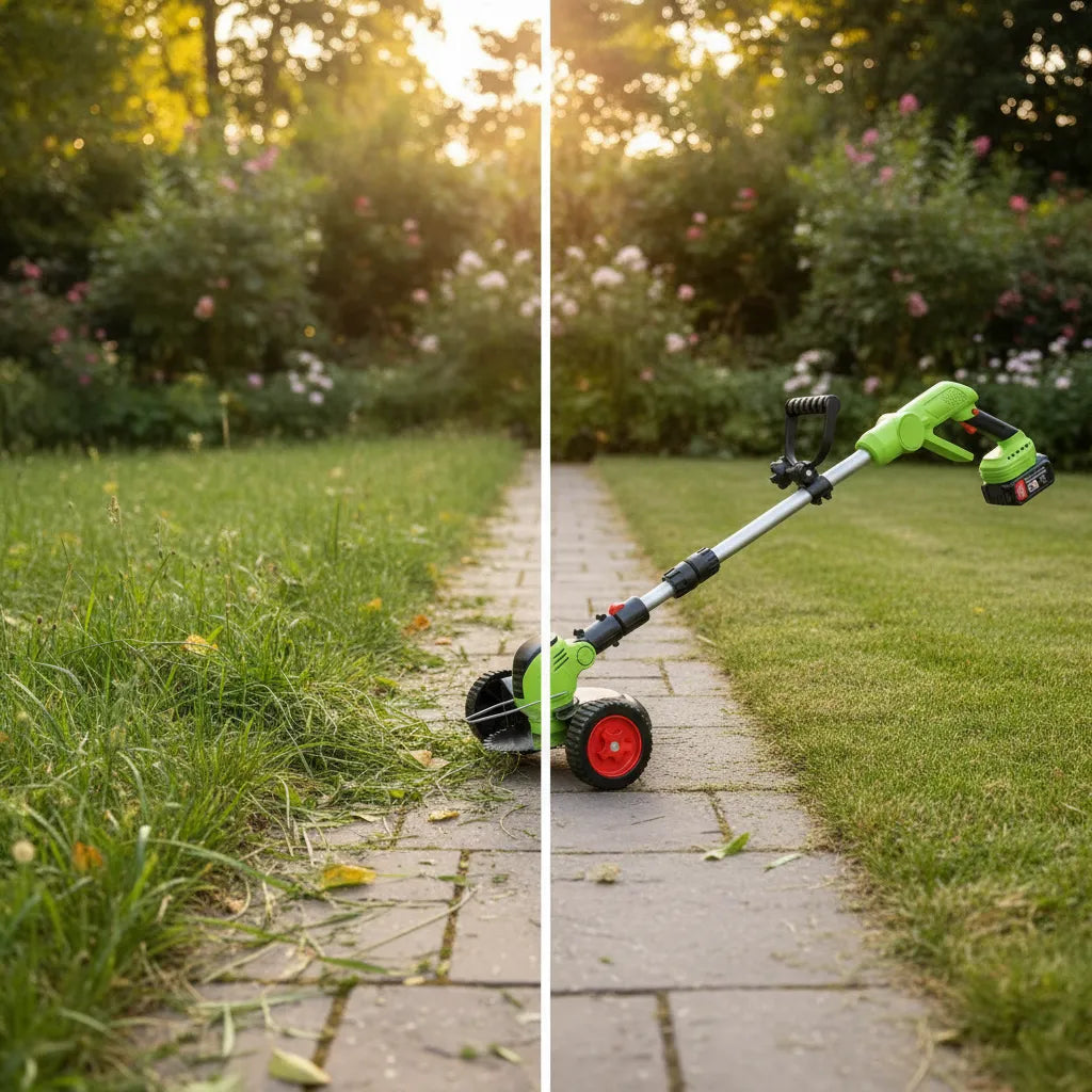 Virdena cordless 3-in-1 grass trimmer, brush cutter, and lawn edger with lightweight design and adjustable handle.