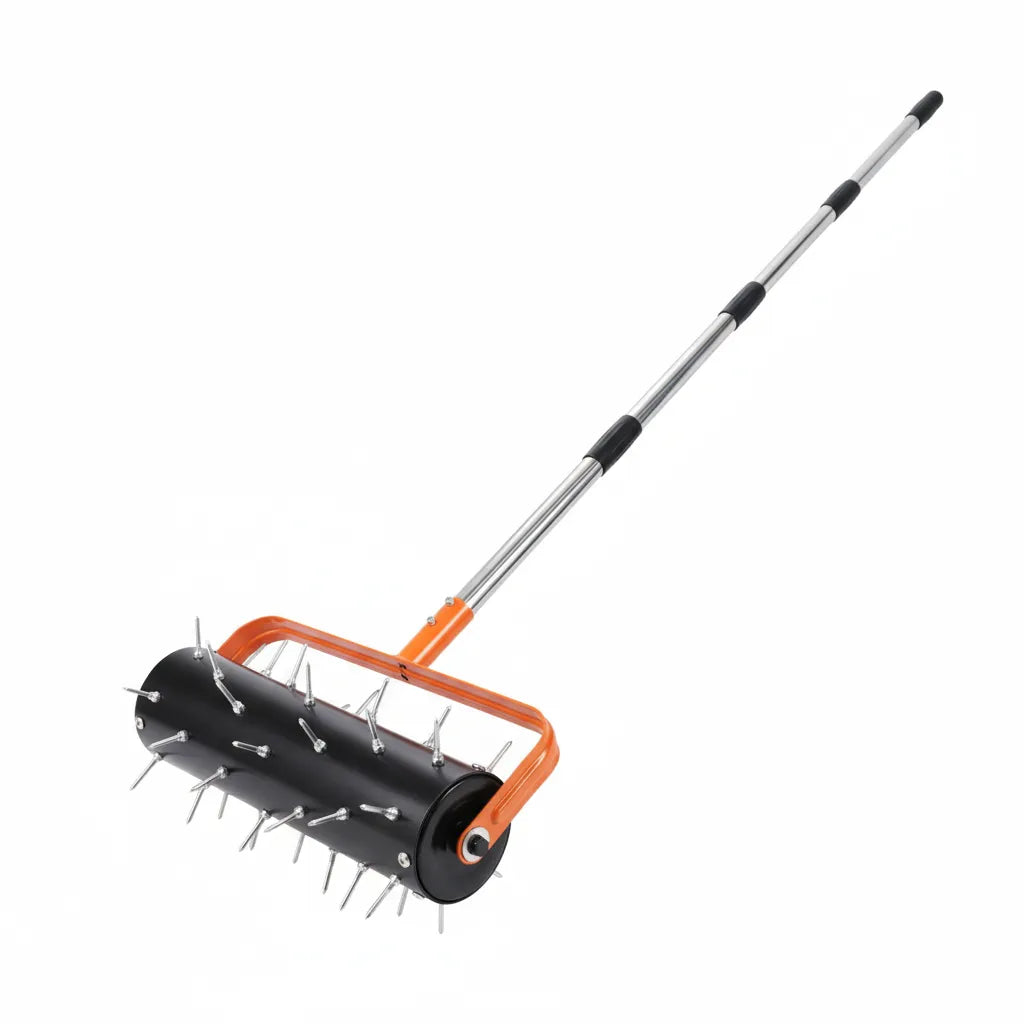 Virdena manual rolling lawn core aerator with 20-inch frame, 2.4-inch steel spikes, and T-handle for yard and garden aeration.