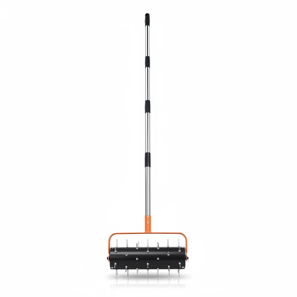 Virdena manual rolling lawn core aerator with 20-inch width, 2.4-inch steel spikes, and T-handle for yard and garden aeration.