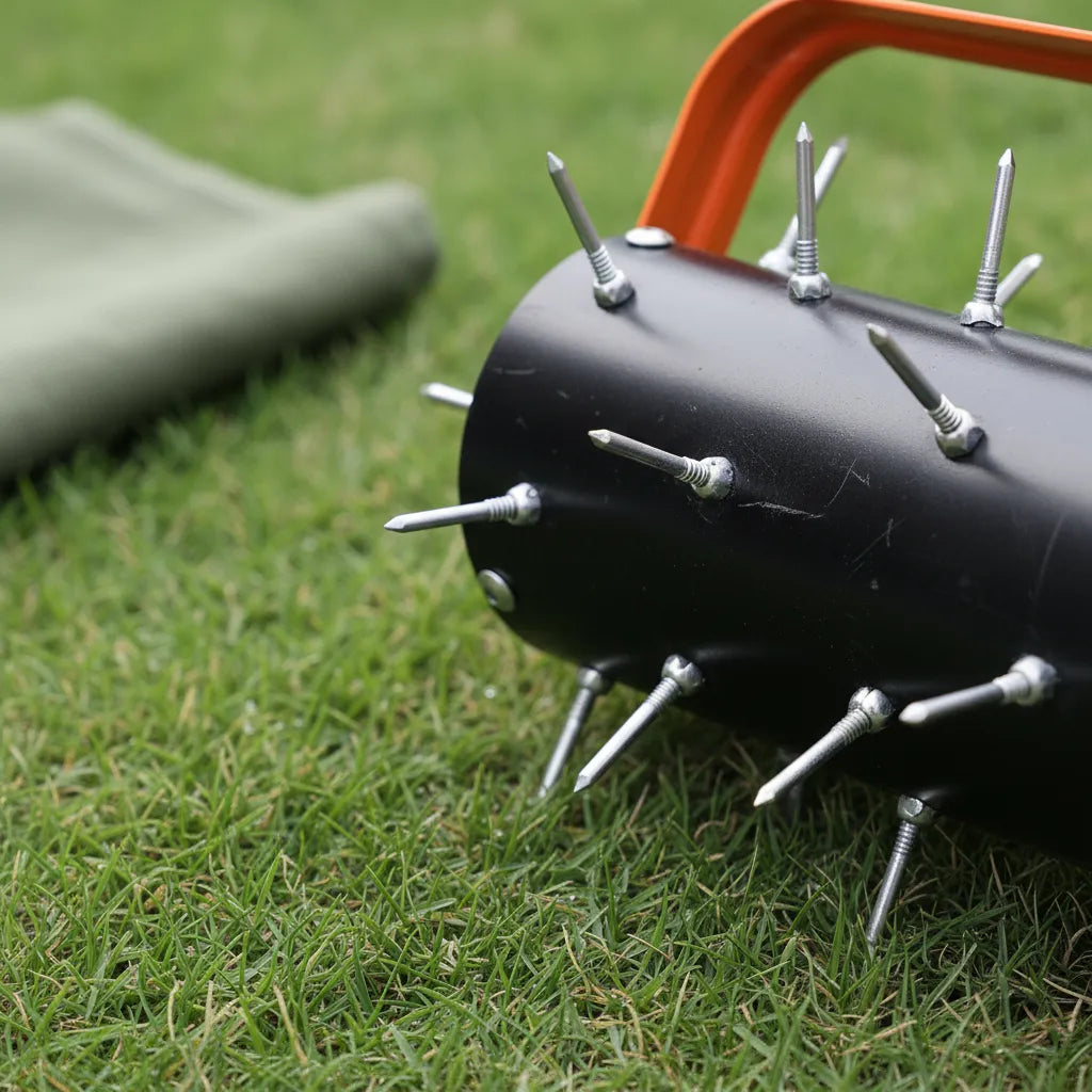 Virdena manual rolling lawn core aerator with 20-inch width, steel spikes, and T-handle for yard and garden aeration.