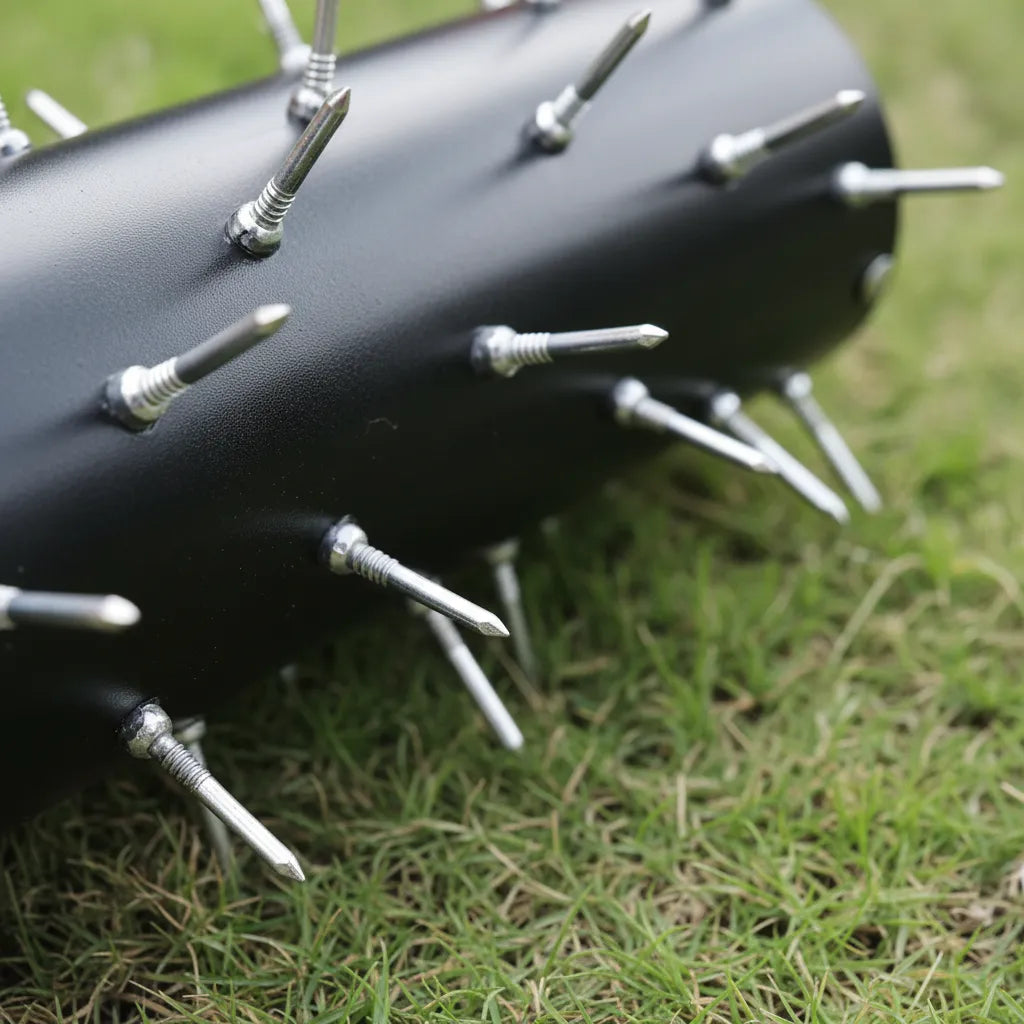 Virdena manual rolling lawn core aerator with 20-inch frame, 2.4-inch steel spikes, and T-handle for yard and garden aeration.
