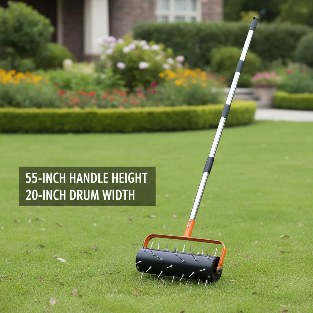 Virdena manual rolling lawn core aerator with 20-inch width, 2.4-inch steel spikes, and T-handle for yard and garden aeration.