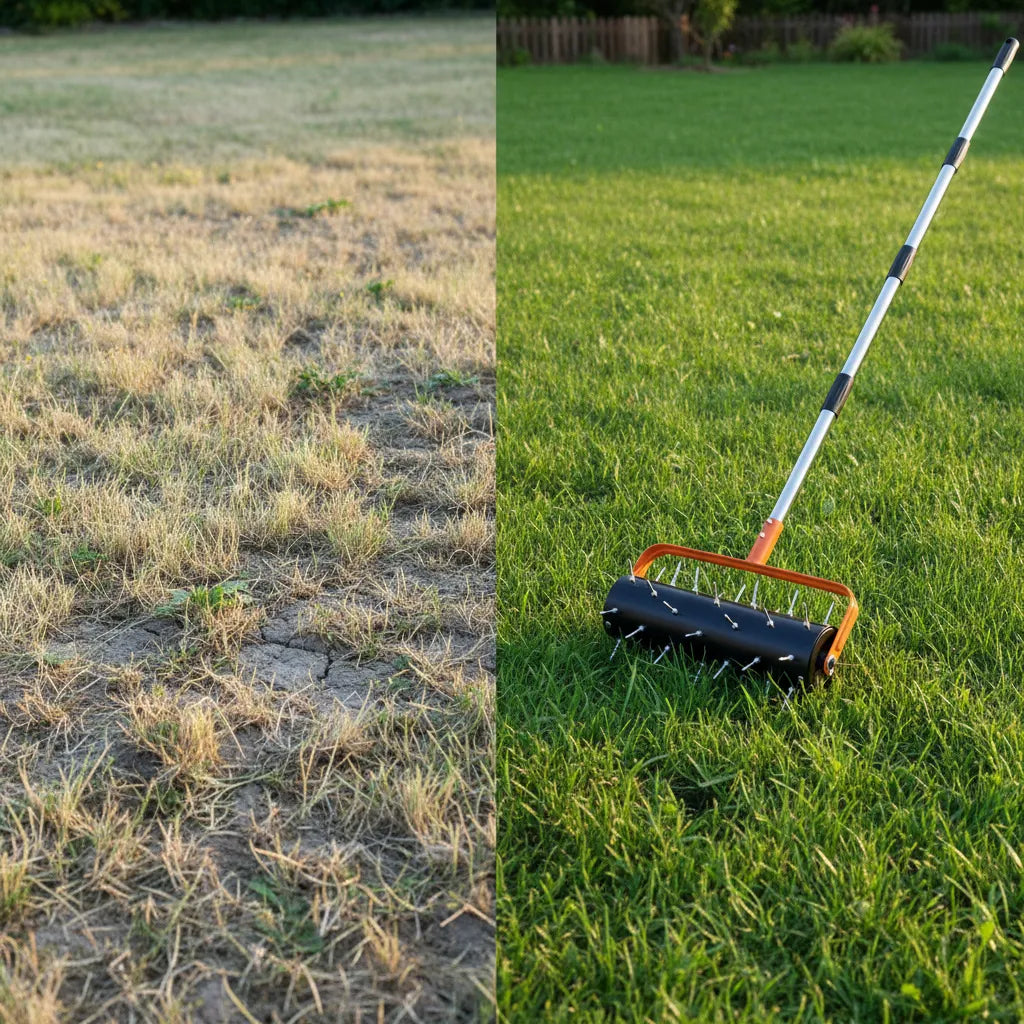 Virdena manual rolling lawn core aerator with 20-inch frame, 2.4-inch steel spikes, T-handle for yard and garden aeration.