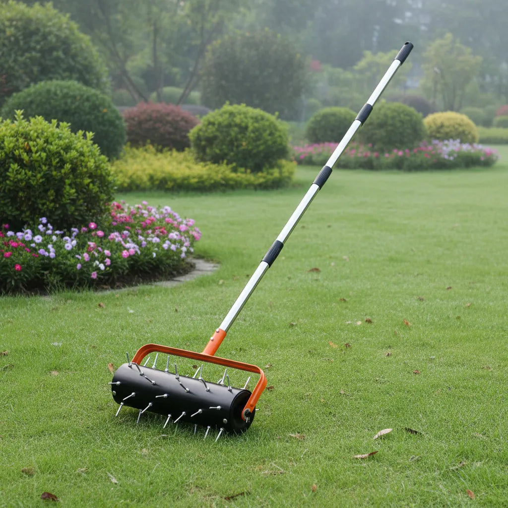 Virdena manual rolling lawn core aerator with 20-inch width, 2.4-inch steel spikes, and T-handle for yard and garden aeration.