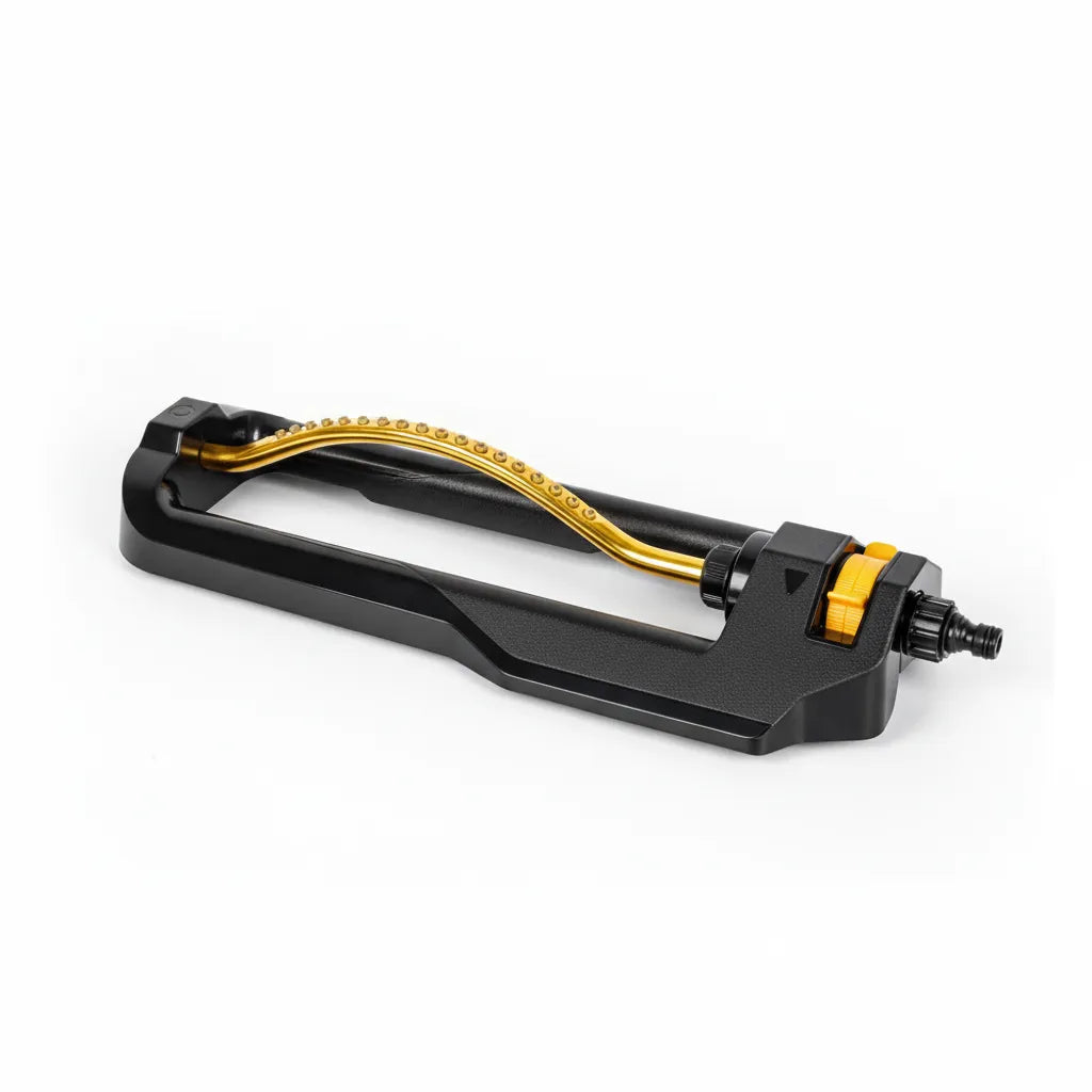 Virdena oscillating garden lawn sprinkler with 18 brass nozzles, heavy base, self-cleaning, covering 3,600 sq ft, ideal for watering lawns.