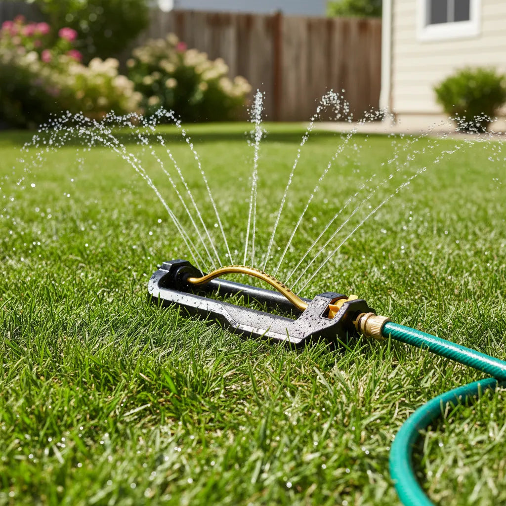 Virdena oscillating lawn sprinkler with brass nozzles, heavy base, self-cleaning, covering 3,600 sq ft for garden watering.