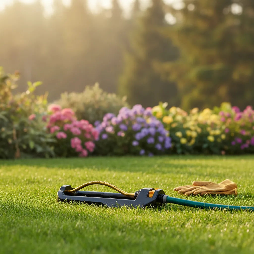 Virdena oscillating lawn sprinkler with 18 brass nozzles, heavy base, covers 3,600 sq ft, self-cleaning for gardens and lawns.