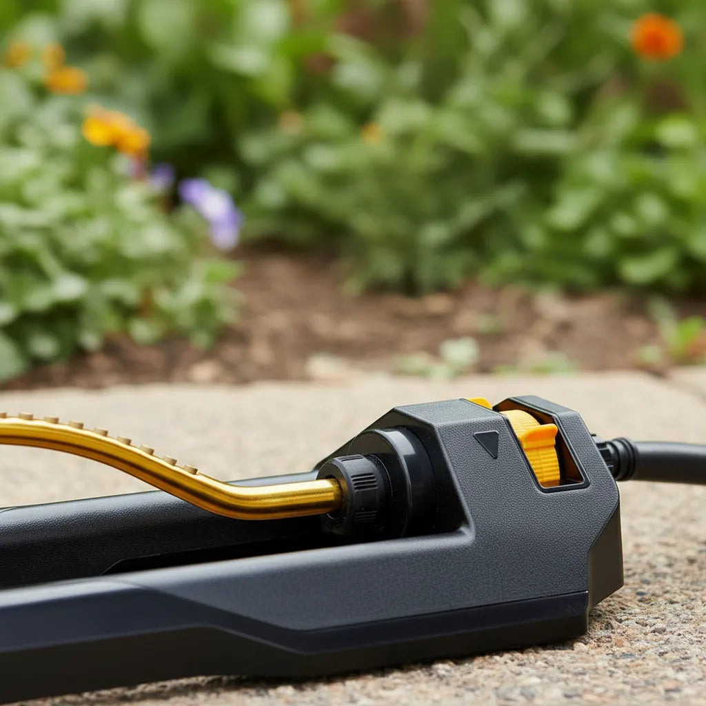 Virdena oscillating garden lawn sprinkler with 18 brass nozzles, heavy base, self-cleaning, covering 3,600 sq ft.