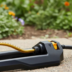 Virdena oscillating garden lawn sprinkler with 18 brass nozzles, heavy base, self-cleaning, covering 3,600 sq ft.
