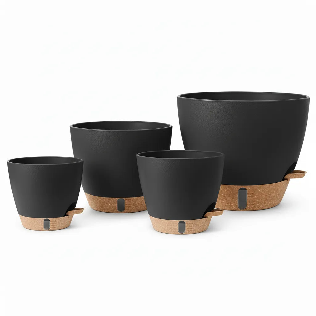 Self-watering indoor and outdoor plant pot by Virdena in black polypropylene, available in 8 to 12 inches with drainage tray.
