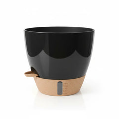 Black Virdena self-watering indoor and outdoor plant pot with drainage tray in 8, 9, 10, or 12-inch size.