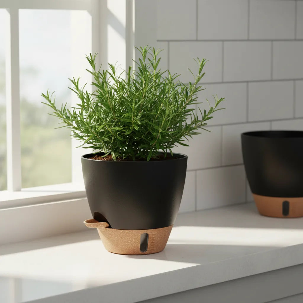 Virdena self-watering indoor and outdoor plant pot in black, available in 8 to 12 inches, with drainage tray for healthy plants.