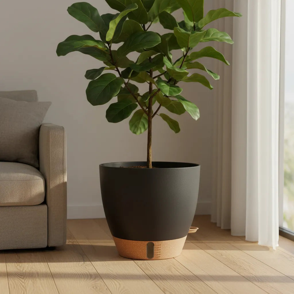 Self-watering indoor and outdoor plant pot by Virdena, 8 to 12 inch black PP planter with drainage tray for indoor plants.