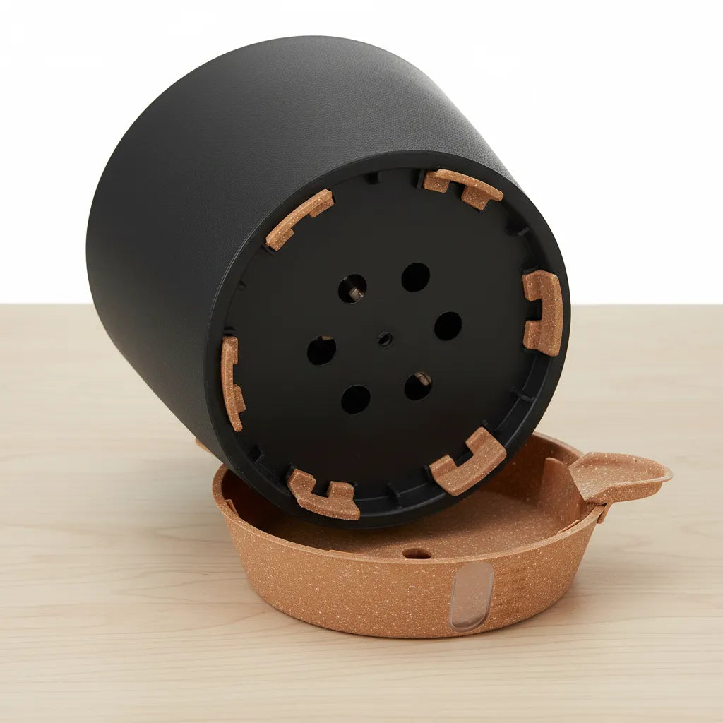 Virdena self-watering indoor and outdoor plant pot in black, available in 8, 9, 10, and 12 inches with drainage tray.