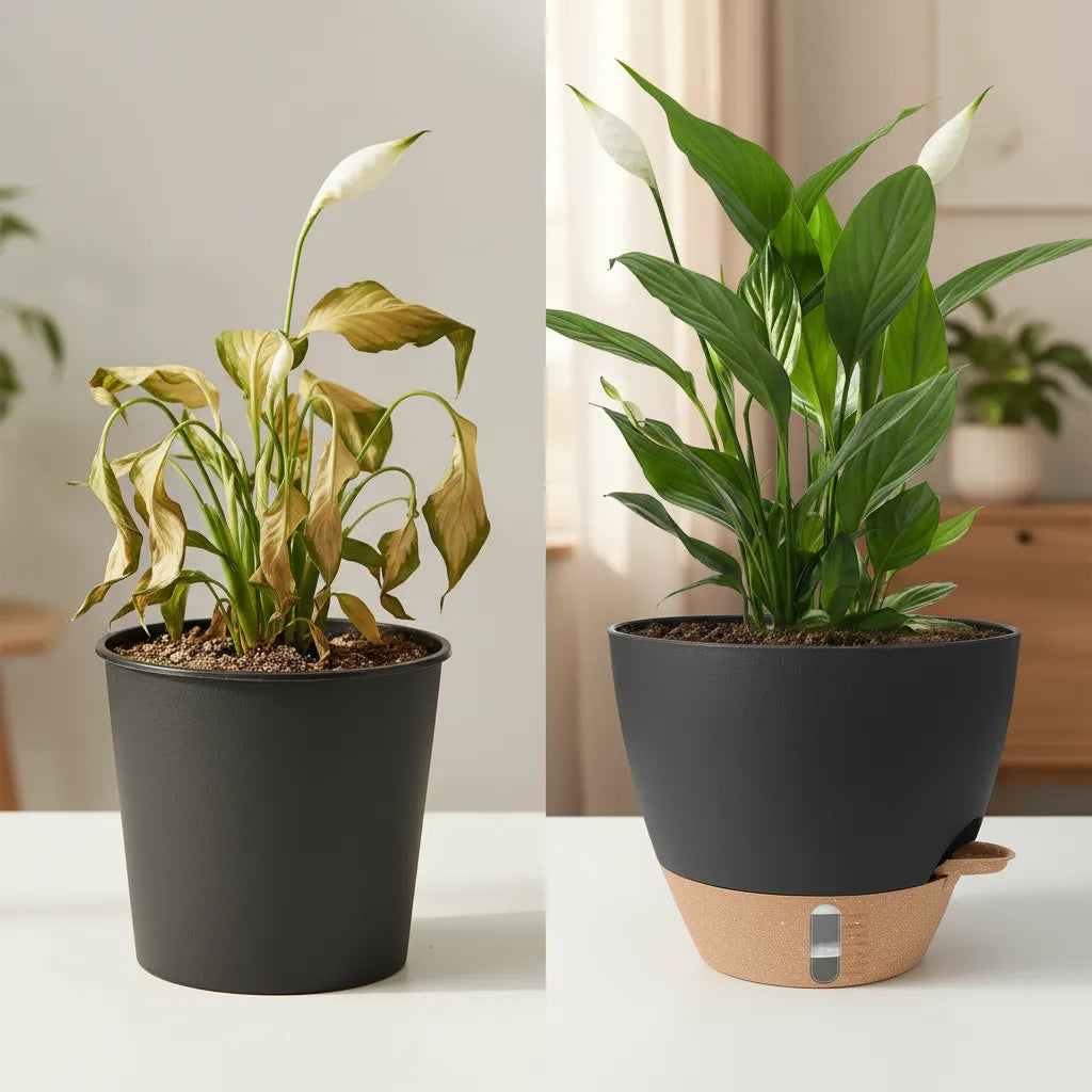 Virdena black self-watering indoor and outdoor plant pot with drainage tray, available in 8, 9, 10, and 12 inches.